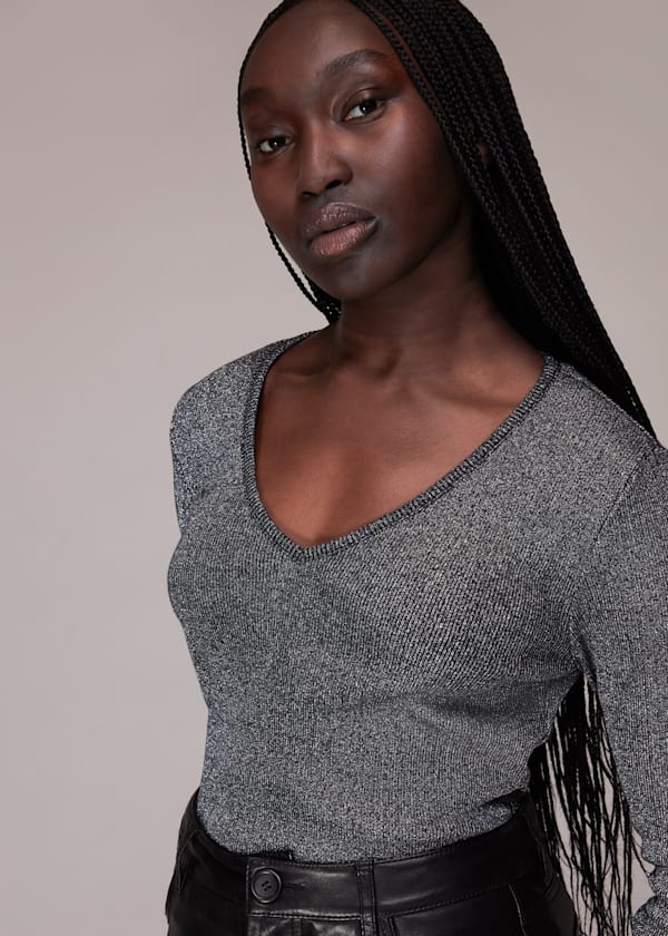 Black Long Sleeve Sparkle V Neck Top
