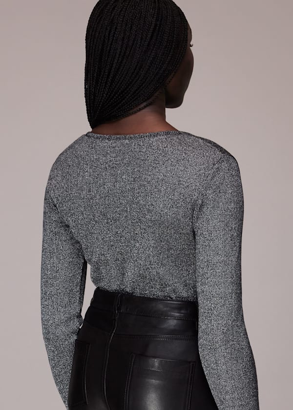 Black Long Sleeve Sparkle V Neck Top