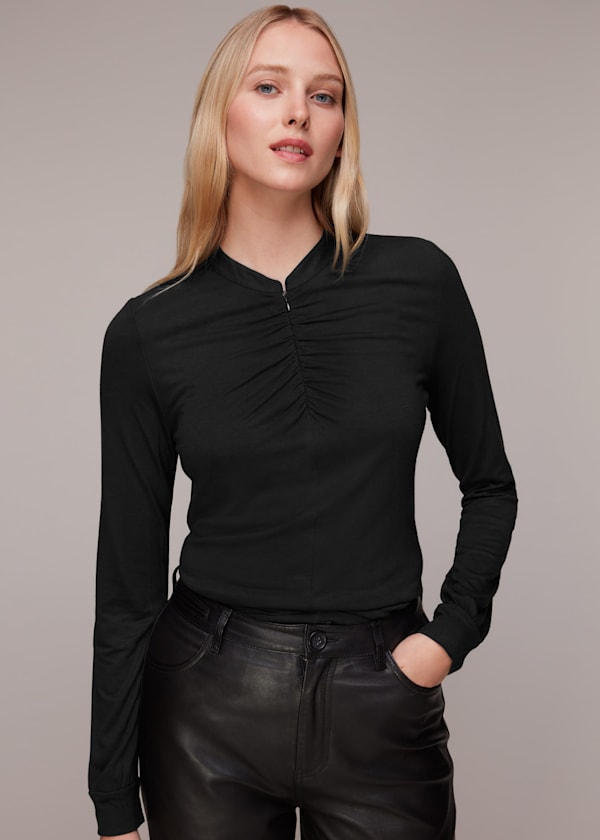 Black Ruched Zip Neck Top