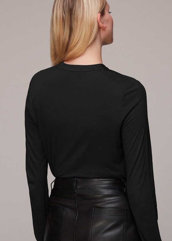 Black Ruched Zip Neck Top