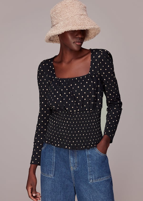 Black Spot Square Neck Shirred Top