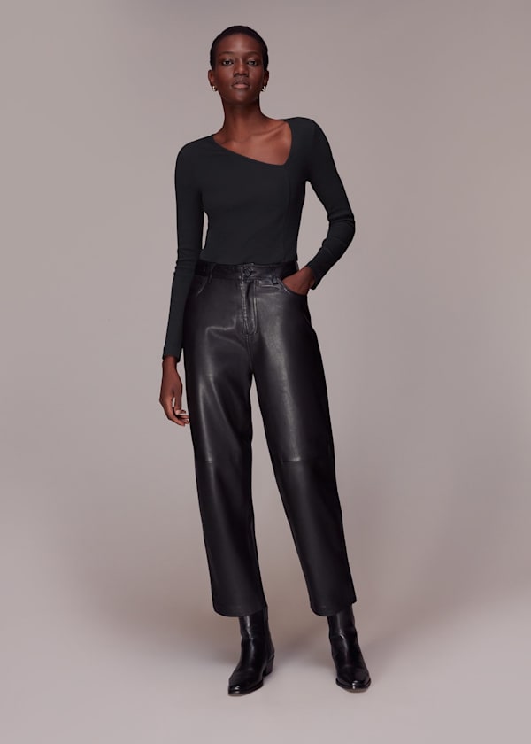 Black Ribbed Asymmetric V-Neck Top