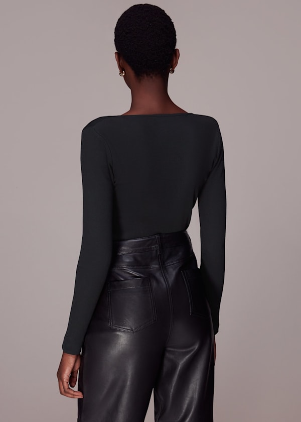 Black Ribbed Asymmetric V-Neck Top