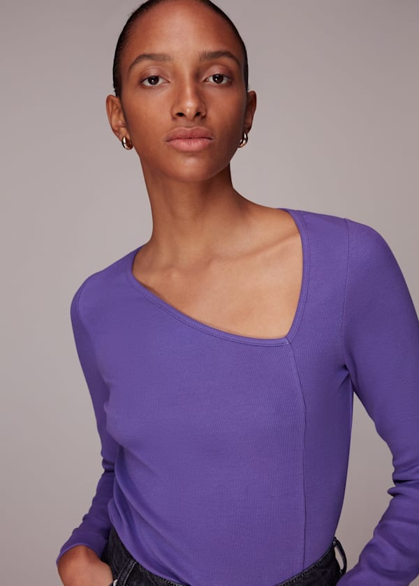 Purple Ribbed Asymmetric V-Neck Top