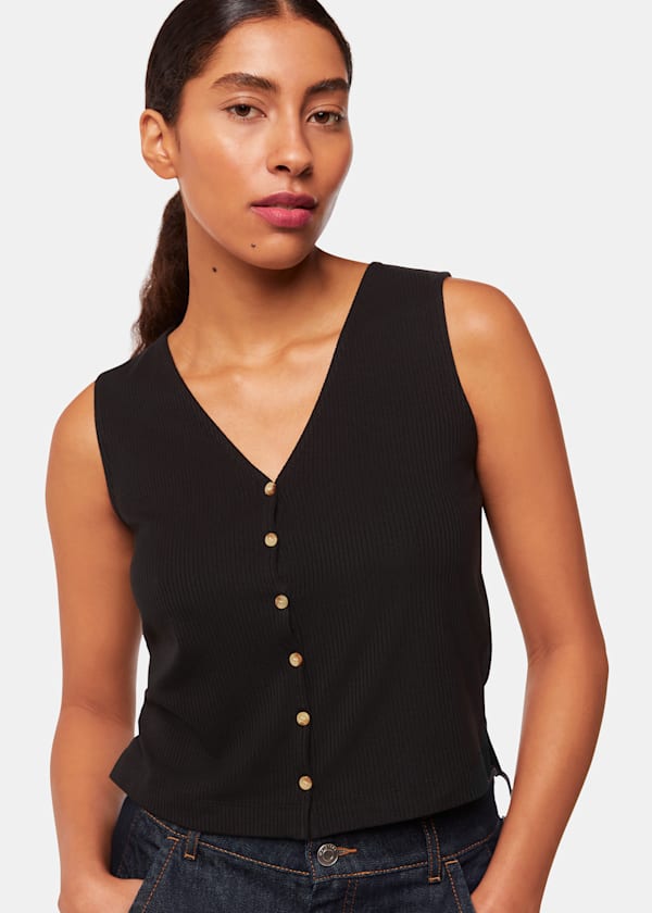Black Button Front Rib Tank