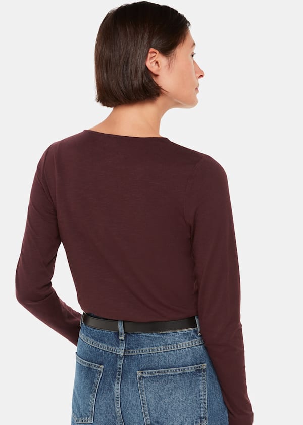 Burgundy High V Neck Ruched Top