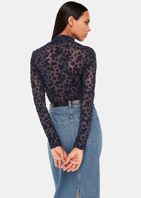 Navy Flower Crew Neck Mesh Top