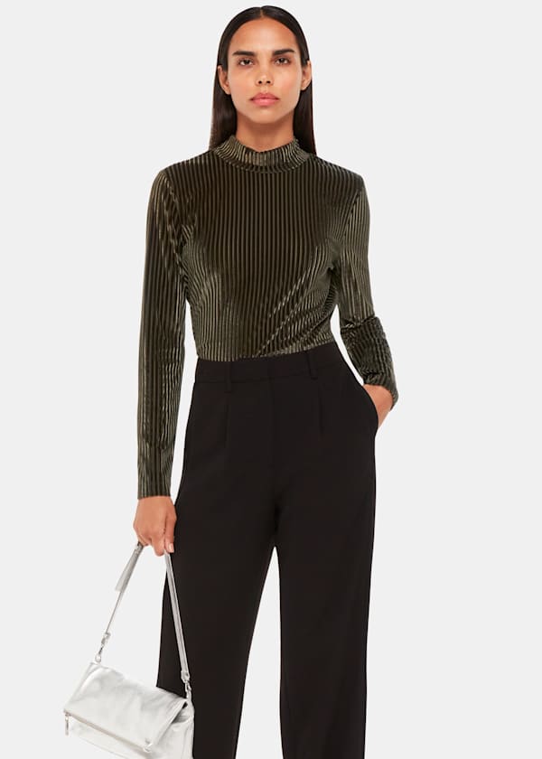 Khaki Velvet Stripe High Neck Top