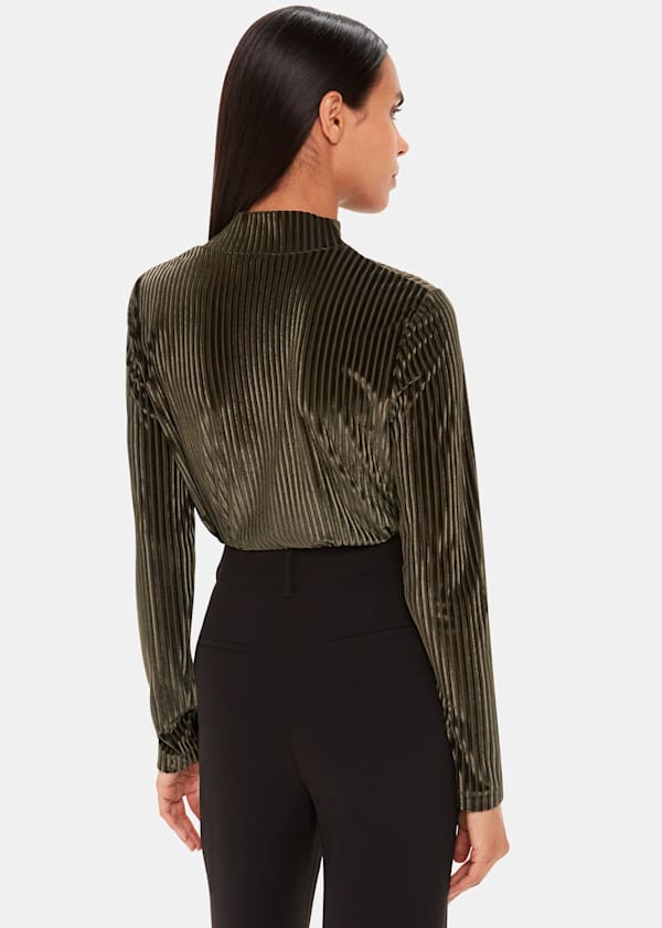 Khaki Velvet Stripe High Neck Top
