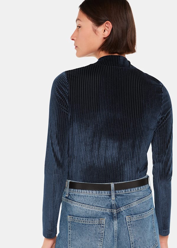 Navy Velvet Stripe High Neck Top