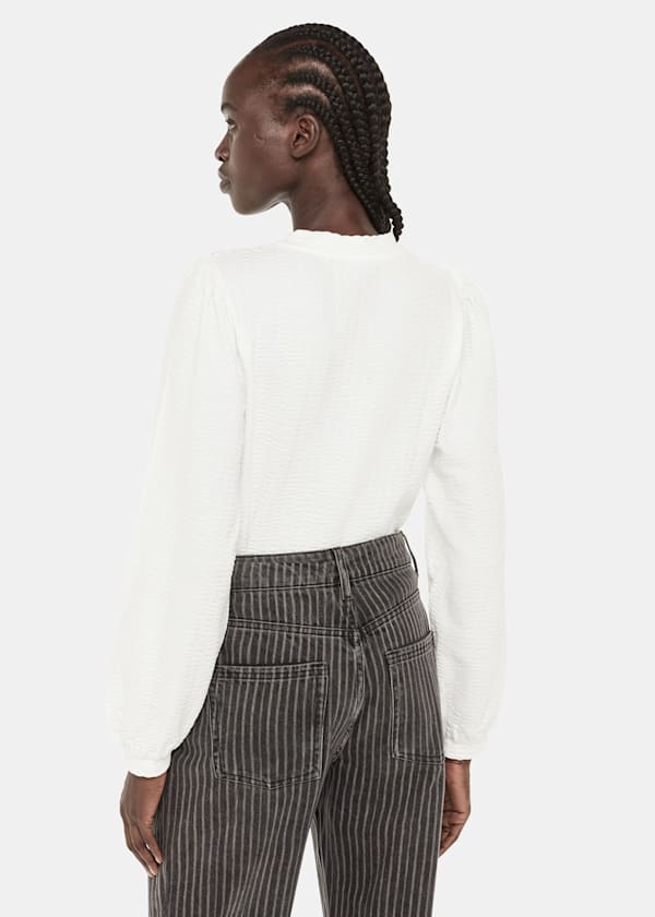 White Textured Puff Sleeve Crew Neck
