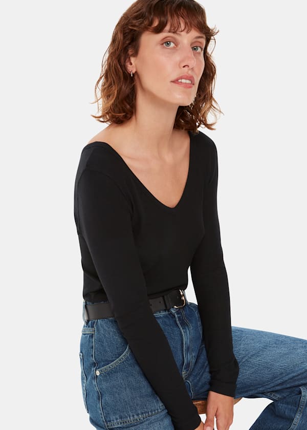 Black Essential Ribbed V Neck