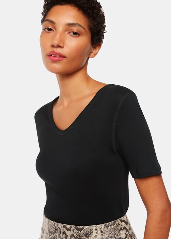 Black V Neck Ribbed T-Shirt