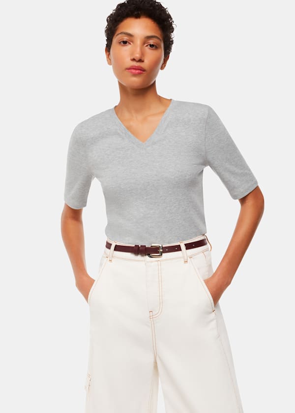 Grey Marl V Neck Ribbed T-Shirt