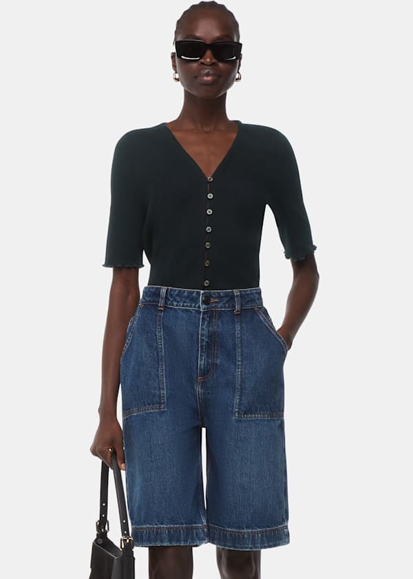 Black Frill Sleeve Button Front Tee
