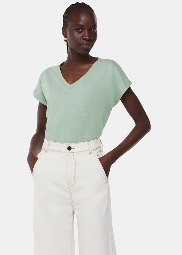 Pale Green Willa V Neck Cap Sleeve Tee