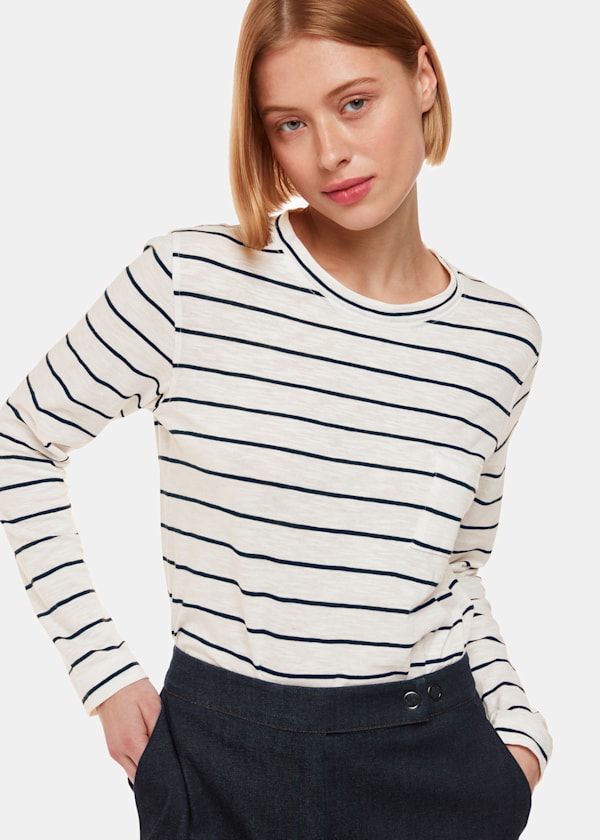 Ivory Stripe Crew Neck Pocket Top