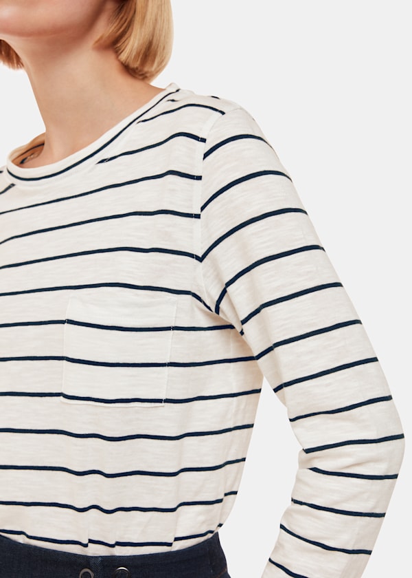 Ivory Stripe Crew Neck Pocket Top