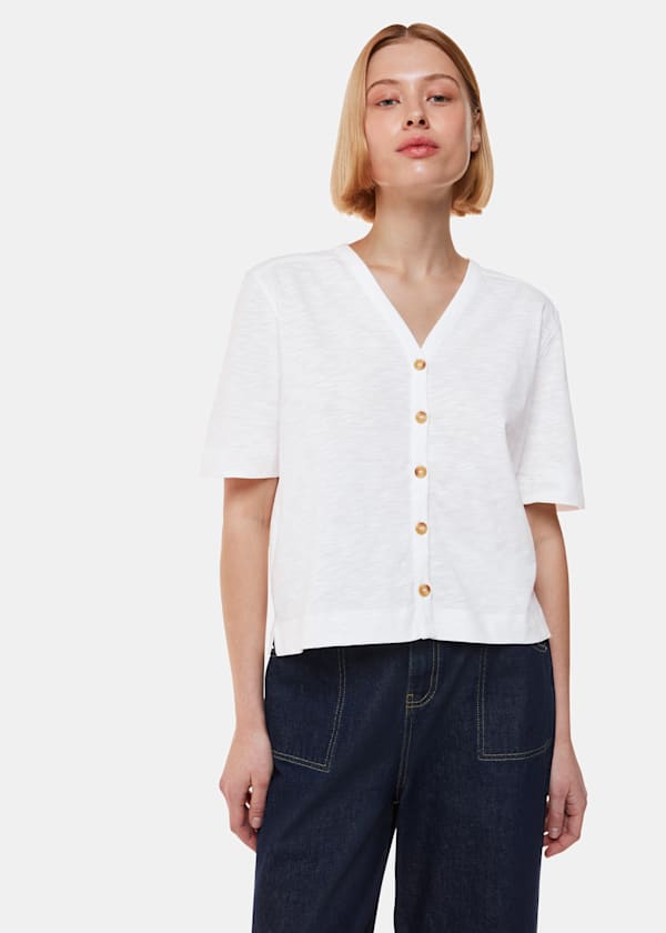 White Ella V Neck Button Through Tee