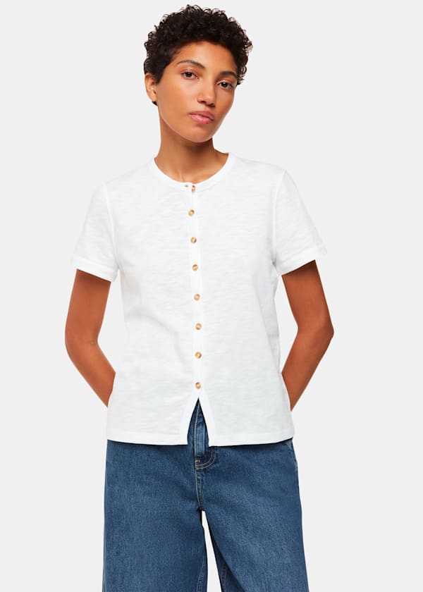 White Isla Round Neck Button Tee