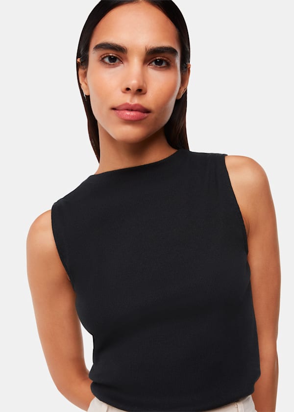 Black High Neck Rib Detail Tee