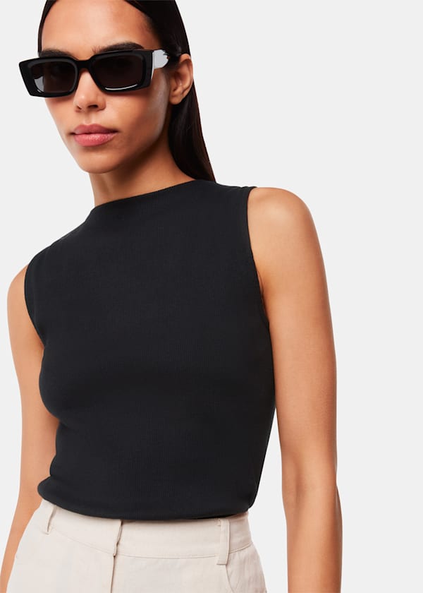 Black High Neck Rib Detail Tee
