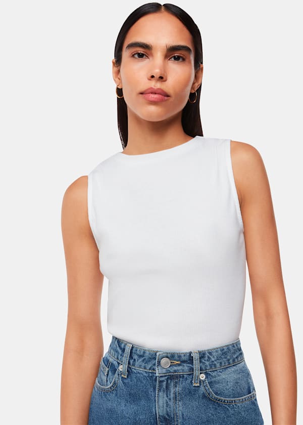 White High Neck Rib Detail Tee