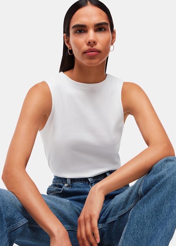 White High Neck Rib Detail Tee