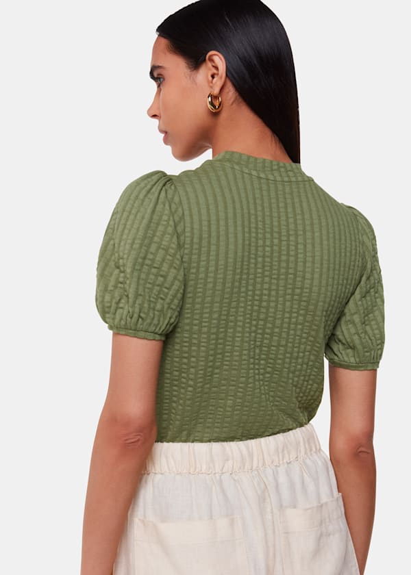 Khaki Textured Puff Sleeve Top