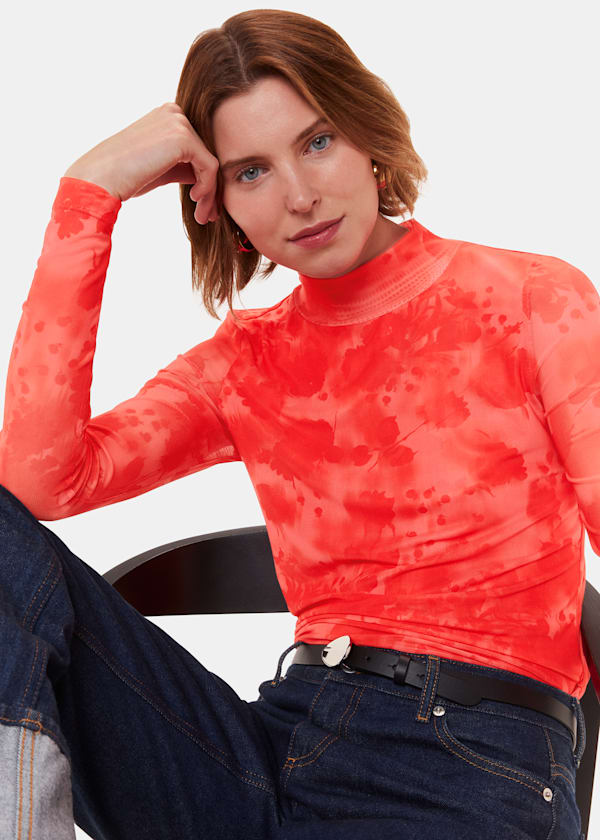 Red Blurred Blooms Mesh Top