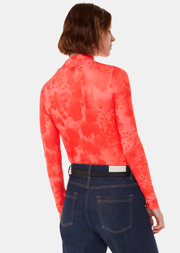 Red Blurred Blooms Mesh Top
