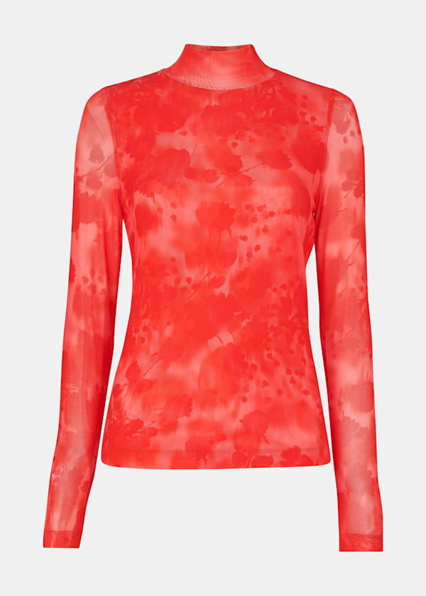 Red Blurred Blooms Mesh Top