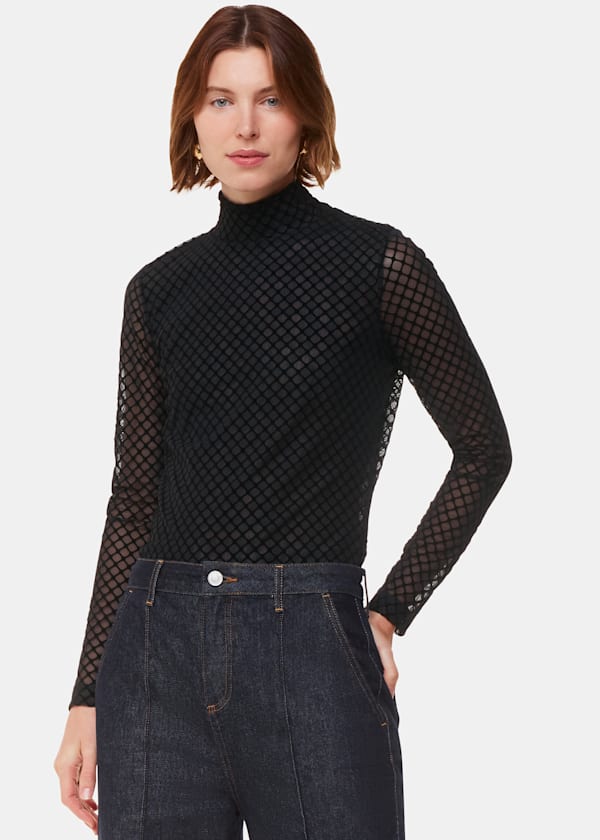 Black Checked Flocked Mesh Top