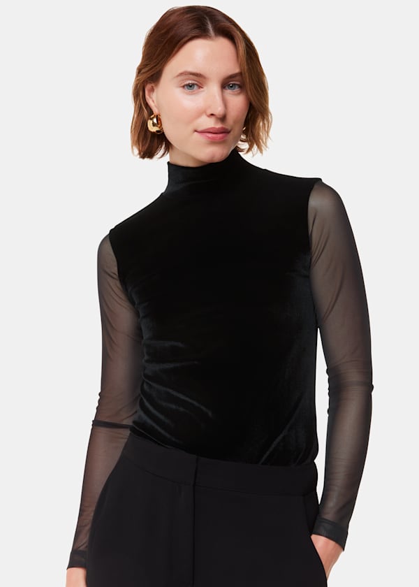 Black Velvet Mesh Sleeve Top