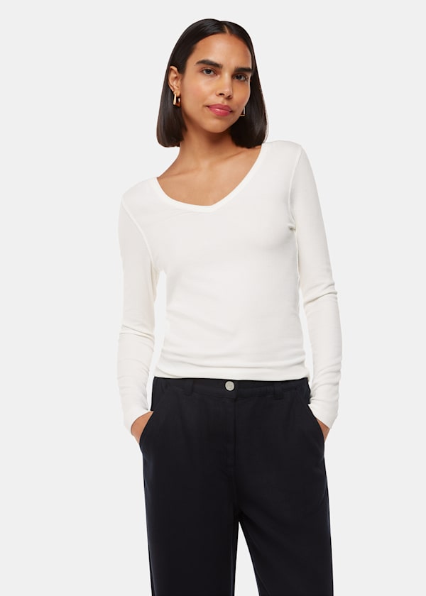 Ivory Essential Ribbed V Neck
