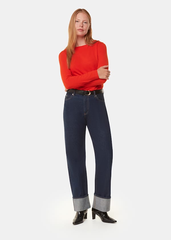 Red Slim Straight Neck Jersey Top