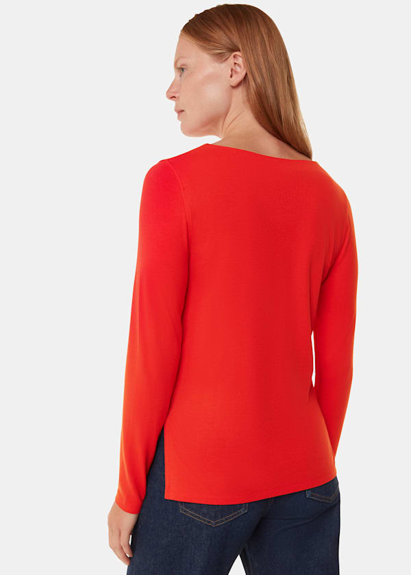 Red Slim Straight Neck Jersey Top