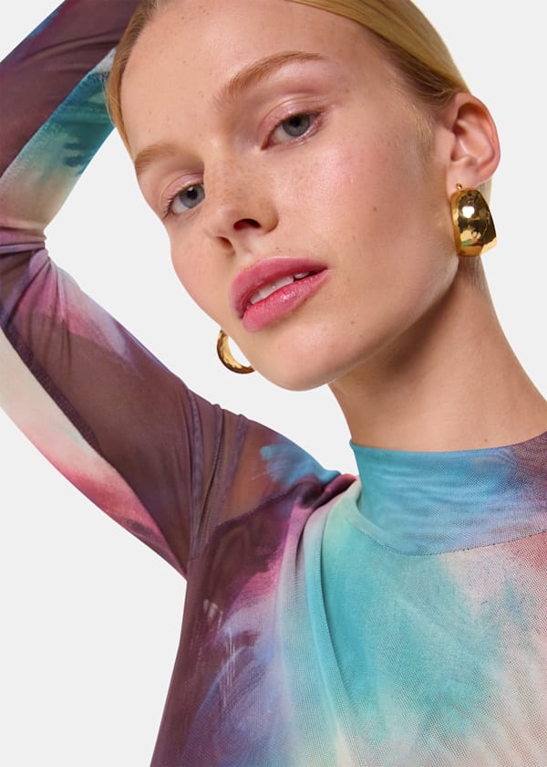 Multicolour Oil Paint Print Mesh Top