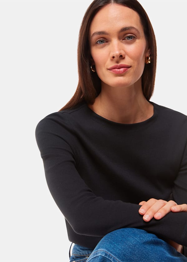 Black High Neck Long Sleeve Rib Top