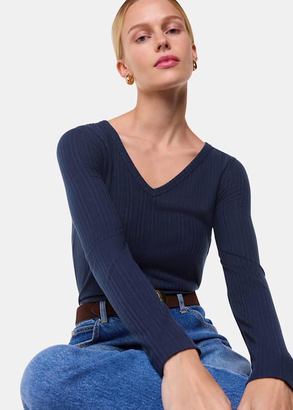 Navy Diagonal Rib V Neck Top