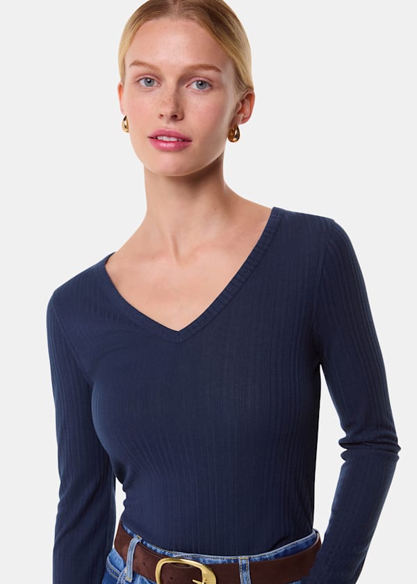 Navy Diagonal Rib V Neck Top