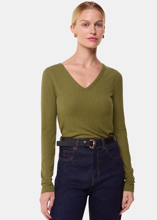 Olive Diagonal Rib V Neck Top