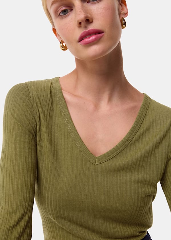 Olive Diagonal Rib V Neck Top