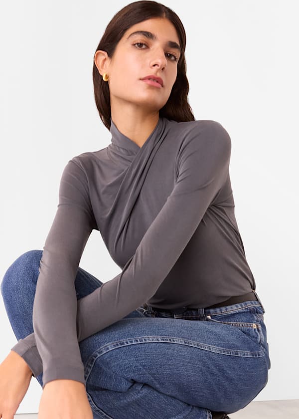 Grey Drape Neck Jersey Top