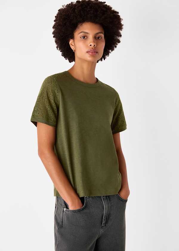 Khaki Broderie Sleeve Detail Tee