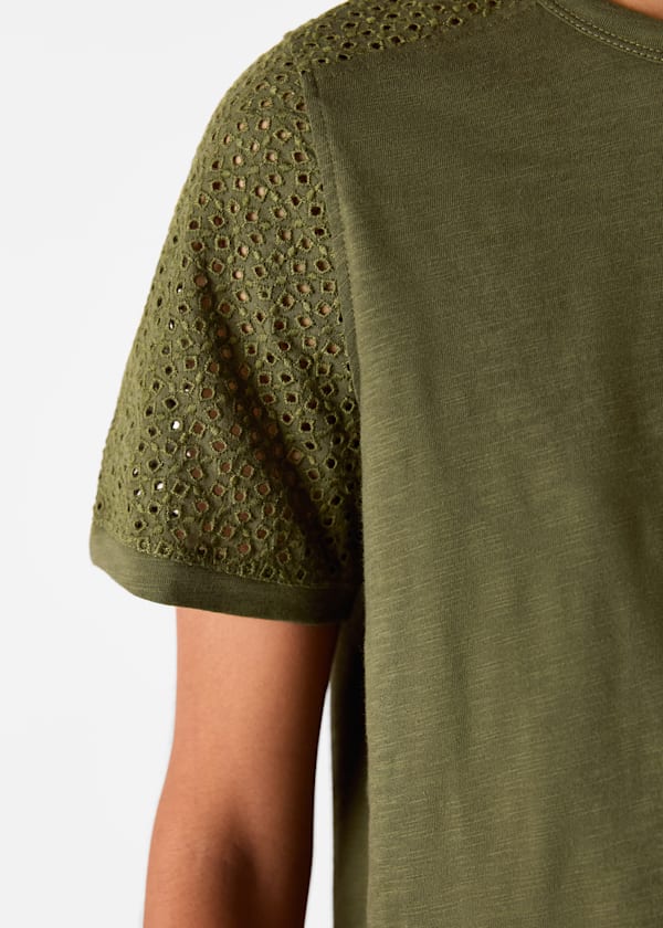 Khaki Broderie Sleeve Detail Tee