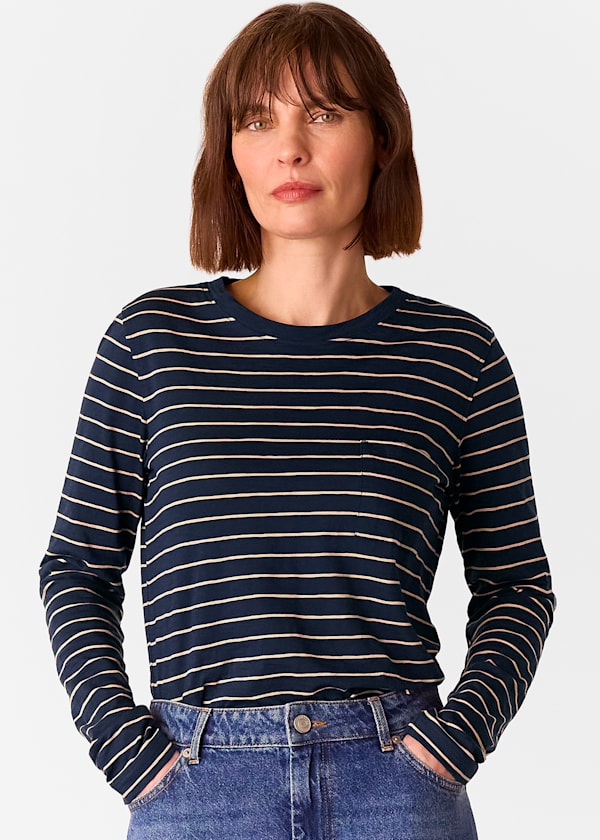 Navy Stripe Crew Neck Pocket Top