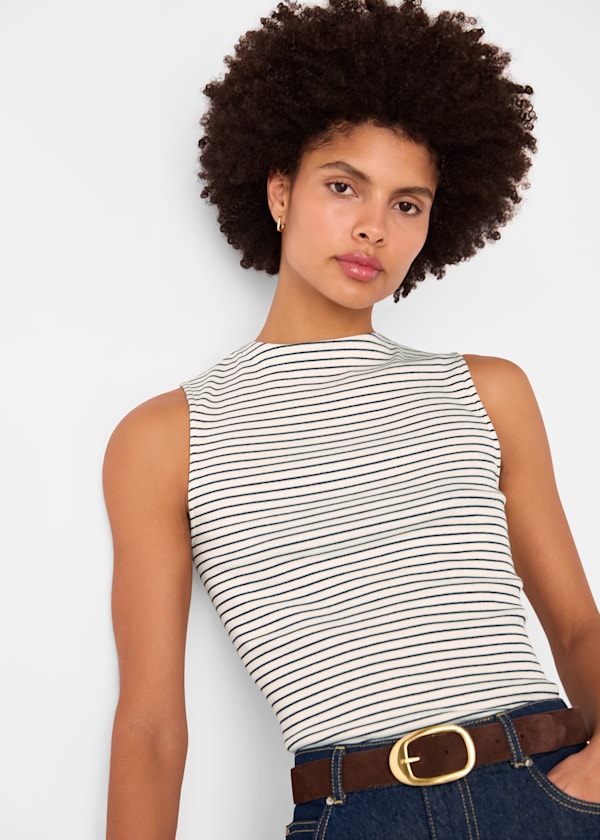 Ivory Stripe High Neck Rib Tee