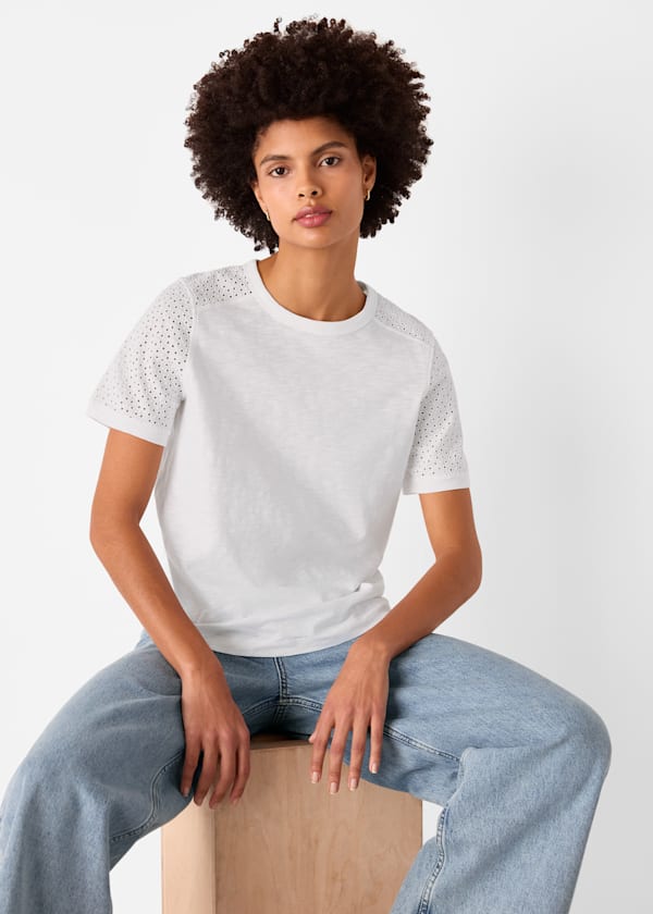 White Broderie Sleeve Detail Tee