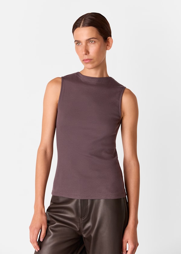 Brown High Neck Rib Detail Tee
